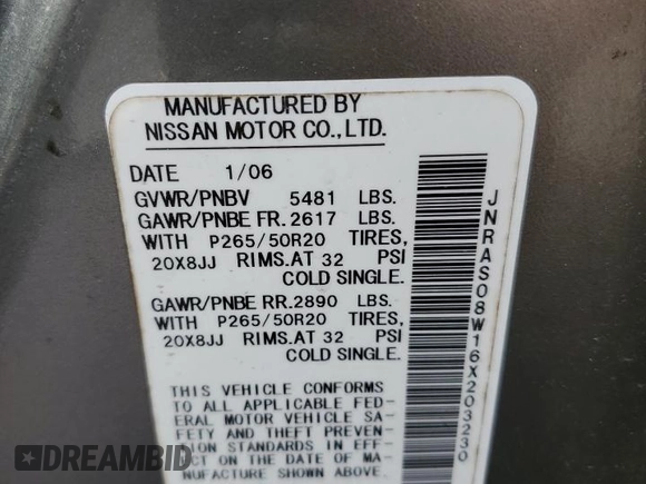 2006 Infiniti FX z VIN JNRAS08W16X203230, wystawiony jako Copart lot #51753685 z przebiegiem Nie podano mil oraz Szkoda całkowita • Salvage title. Historia ofert i sprzedaży dostępna na DreamBid. Obrazek 13.