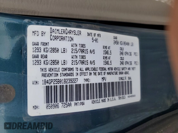 2001 Dodge Caravan SE with VIN 1B4GP25B01B239227, listed as a Copart auction lot 67699044 with 51,109 mi miles and Salvage Title. Bid and sale history available at DreamBid. Image 13.