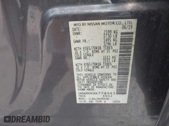 2019 Nissan Frontier SV z VIN 1N6AD0ER5KN774943, wystawiony jako IAAI lot #39604775 z przebiegiem 75 219 mil mil oraz . Historia ofert i sprzedaży dostępna na DreamBid. Obrazek 9.