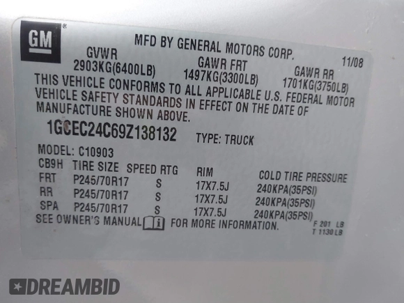 2009 Chevrolet Silverado 1500 with VIN 1GCEC24C69Z138132, listed as a IAAI auction lot 41209078 with 171,422 mi miles and . Bid and sale history available at DreamBid. Image 9.
