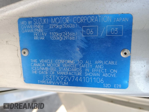 2004 Suzuki XL-7 LX with VIN JS3TX92V744101106, listed as a Copart auction lot 51679195 with 181,634 mi miles and Salvage Title. Bid and sale history available at carsss.com. Image 14.