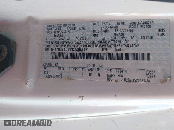 2007 Ford Econoline Cargo Commercial with VIN 1FTNE24L77DA39517, listed as a IAAI auction lot 41453216 with Not provided miles and . Bid and sale history available at DreamBid. Image 9.