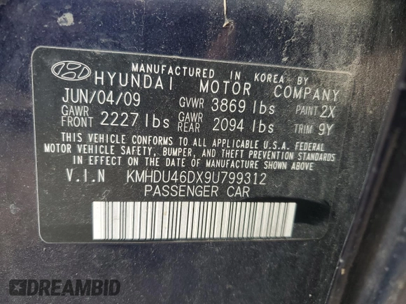 2009 Hyundai Elantra SE with VIN KMHDU46DX9U799312, listed as a Copart auction lot 59078665 with 96,630 mi miles and Salvage title. Bid and sale history available at DreamBid. Image 13.
