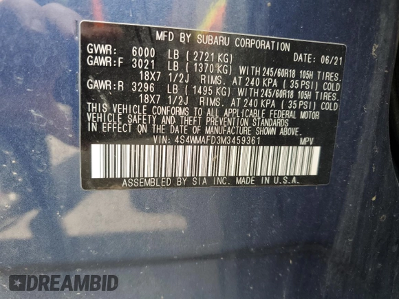 2021 Subaru Ascent Premium with VIN 4S4WMAFD3M3459361, listed as a Copart auction lot 62299965 with Not provided miles and Salvage title. Bid and sale history available at DreamBid. Image 14.