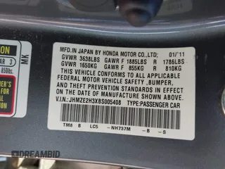 2011 Honda Insight with VIN JHMZE2H3XBS005408, listed as a IAAI auction lot 41747390 with 154,892 mi miles and . Bid and sale history available at DreamBid. Image 9.