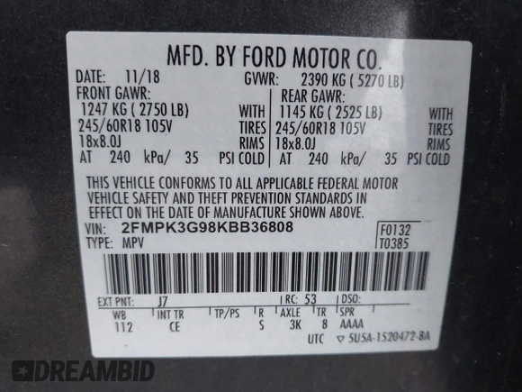 2019 Ford Edge SE with VIN 2FMPK3G98KBB36808, listed as a IAAI auction lot 42097730 with 99,010 mi miles and . Bid and sale history available at DreamBid. Image 9.