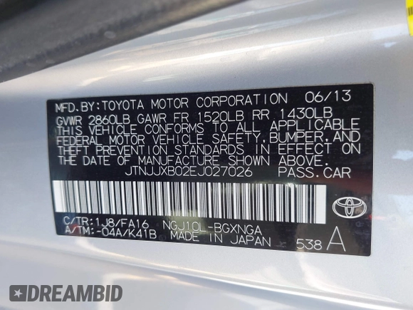 2014 Scion iQ with VIN JTNJJXB02EJ027026, listed as a IAAI auction lot 42619439 with 103,261 mi miles and . Bid and sale history available at DreamBid. Image 9.