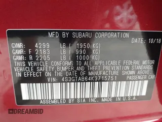 2019 Subaru Impreza with VIN 4S3GTAB64K3715751, listed as a IAAI auction lot 42395464 with 83,612 mi miles and . Bid and sale history available at DreamBid. Image 9.