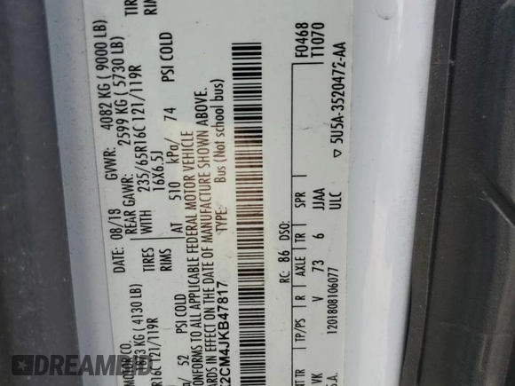 2018 Ford Transit Passenger XL z VIN 1FBZX2CM4JKB47817, wystawiony jako Copart lot #54428465 z przebiegiem 204 352 mil mil oraz Szkoda całkowita • Salvage title. Historia ofert i sprzedaży dostępna na DreamBid. Obrazek 14.