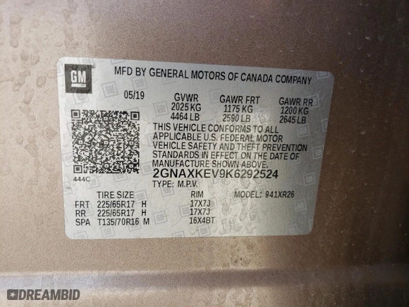 2019 Chevrolet Equinox LT with VIN 2GNAXKEV9K6292524, listed as a Copart auction lot 54176485 with 43,820 mi miles and Salvage Title. Bid and sale history available at carsss.com. Image 13.