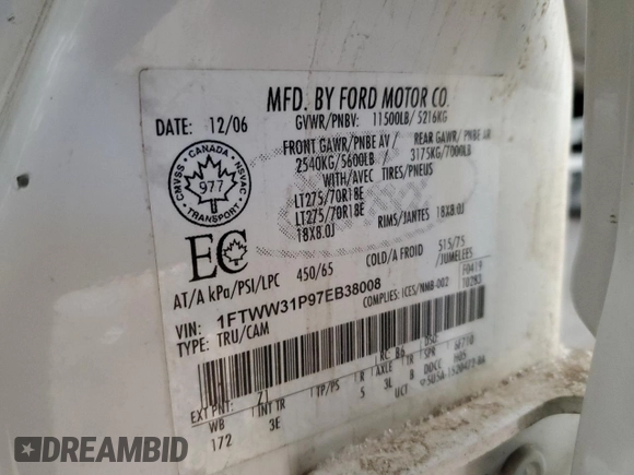 2007 Ford F-350 XL z VIN 1FTWW31P97EB38008, wystawiony jako Copart lot #44713475 z przebiegiem 239 310 mil mil oraz Szkoda całkowita • Salvage title. Historia ofert i sprzedaży dostępna na DreamBid. Obrazek 12.