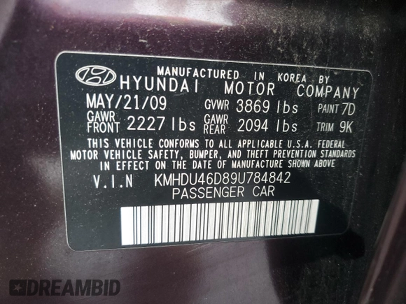 2009 Hyundai Elantra SE z VIN KMHDU46D89U784842, wystawiony jako Copart lot #61274075 z przebiegiem 182 433 mil mil oraz Szkoda całkowita • Salvage title. Historia ofert i sprzedaży dostępna na DreamBid. Obrazek 12.