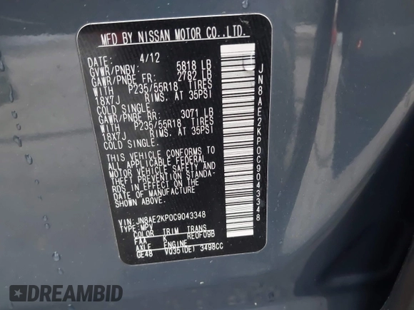 2012 Nissan Quest SL with VIN JN8AE2KP0C9043348, listed as a IAAI auction lot 41996448 with 114,667 mi miles and . Bid and sale history available at carsss.com. Image 9.