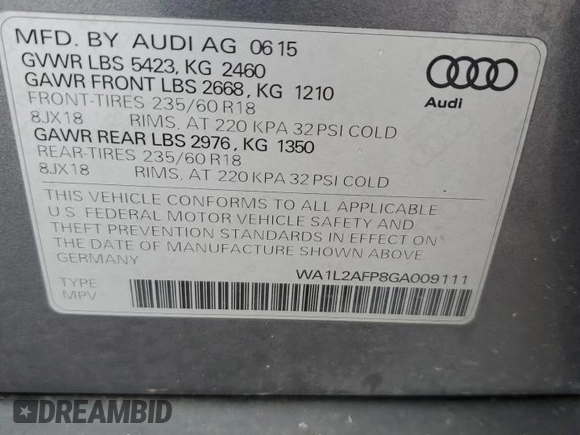 2016 Audi Q5 Premium Plus with VIN WA1L2AFP8GA009111, listed as a Copart auction lot 61988065 with 274,415 mi miles and Clean title. Bid and sale history available at DreamBid. Image 13.
