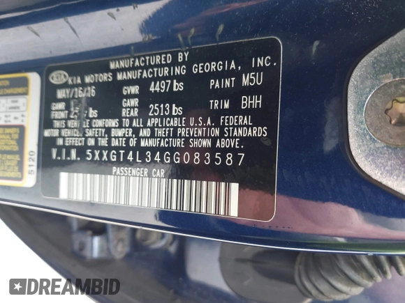 2016 Kia Optima LX with VIN 5XXGT4L34GG083587, listed as a IAAI auction lot 42273240 with 87,286 mi miles and . Bid and sale history available at DreamBid. Image 9.