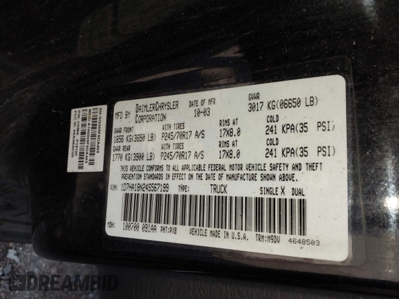 2004 Dodge 1500 SLT with VIN 1D7HA18N24S567199, listed as a IAAI auction lot 42163930 with 194,978 mi miles. Bid and sale history available at carsss.com. Image 9.