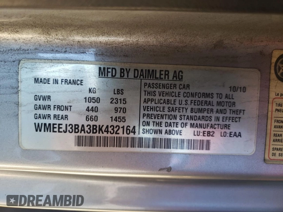 2011 Smart fortwo Pure with VIN WMEEJ3BA3BK432164, listed as a Copart auction lot 43130025 with 72,440 mi miles and Salvage title. Bid and sale history available at DreamBid. Image 14.