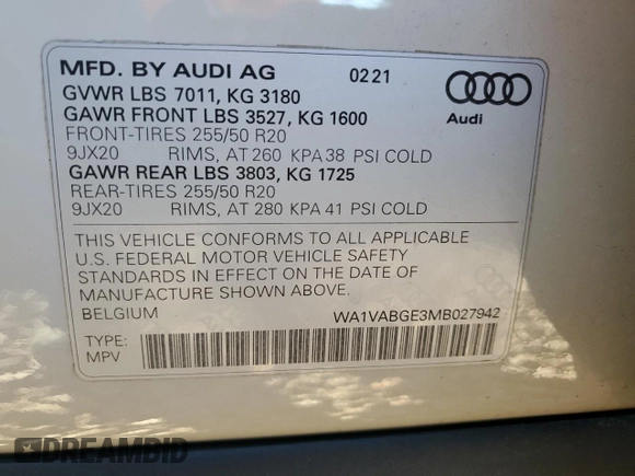 2021 Audi e-tron Prestige with VIN WA1VABGE3MB027942, listed as a Copart auction lot 40094494 with 17,593 mi miles and . Bid and sale history available at DreamBid. Image 13.