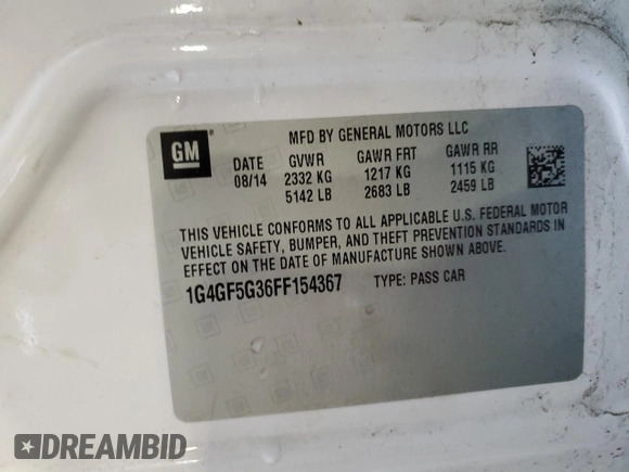 2015 Buick LaCrosse Premium II with VIN 1G4GF5G36FF154367, listed as a Copart auction lot 54925515 with 159,948 mi miles and Non Repairable. Bid and sale history available at DreamBid. Image 12.
