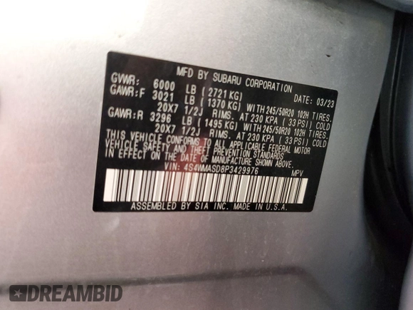 2023 Subaru Ascent Limited with VIN 4S4WMASD8P3429976, listed as a IAAI auction lot 42631267 with 72,145 mi miles and . Bid and sale history available at DreamBid. Image 1.