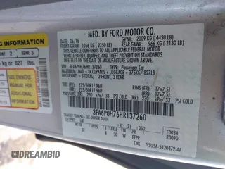 2017 Ford Fusion SE with VIN 3FA6P0H76HR137260, listed as a IAAI auction lot 41827472 with 123,031 mi miles. Bid and sale history available at carsss.com. Image 9.