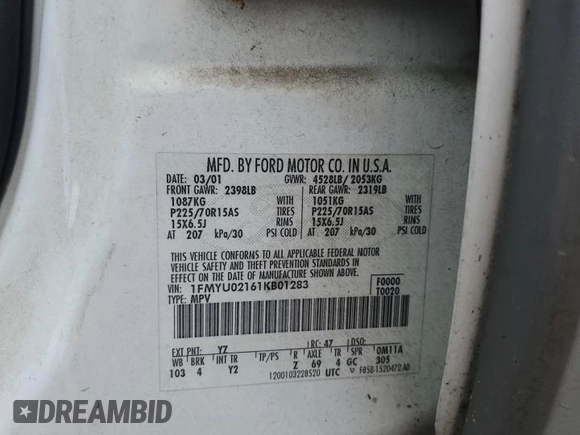 2001 Ford Escape XLS with VIN 1FMYU02161KB01283, listed as a Copart auction lot 59145105 with 86,195 mi miles and Salvage title. Bid and sale history available at DreamBid. Image 13.