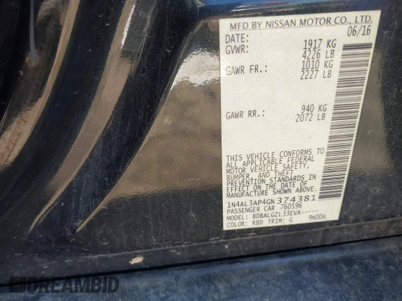 2016 Nissan Altima S with VIN 1N4AL3AP4GN374381, listed as a IAAI auction lot 41984104 with 160,188 mi miles and . Bid and sale history available at carsss.com. Image 9.