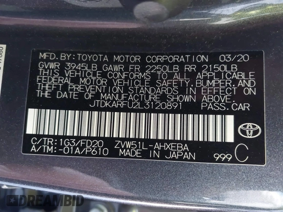 2020 Toyota Prius L Eco z VIN JTDKARFU2L3120891, wystawiony jako IAAI lot #41318597 z przebiegiem 79 848 mil mil oraz . Historia ofert i sprzedaży dostępna na DreamBid. Obrazek 9.