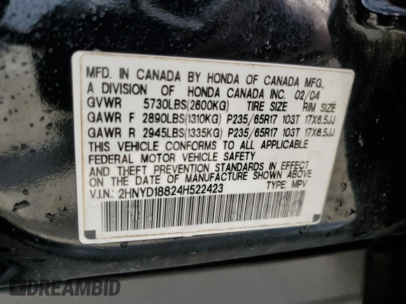 2004 Acura MDX Touring Pkg w/Navigation with VIN 2HNYD18824H522423, listed as a Copart auction lot 37157884 with 0 mi miles and Non Repairable. Bid and sale history available at carsss.com. Image 14.