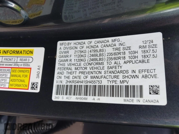 2025 Honda CR-V EX with VIN 2HKRS4H41SH455753, listed as a IAAI auction lot 41553434 with 499 mi miles and . Bid and sale history available at DreamBid. Image 9.
