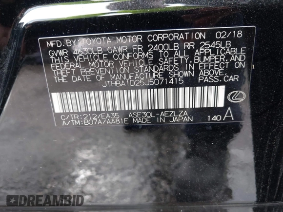 2018 Lexus IS with VIN JTHBA1D25J5071415, listed as a IAAI auction lot 41537146 with 98,343 mi miles. Bid and sale history available at carsss.com. Image 9.