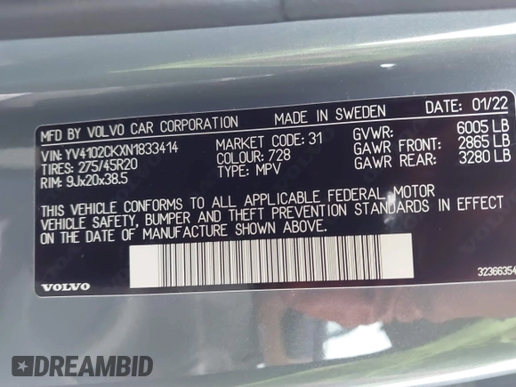 2022 Volvo XC90 Momentum with VIN YV4102CKXN1833414, listed as a IAAI auction lot 41167764 with 30,566 mi miles and . Bid and sale history available at DreamBid. Image 9.