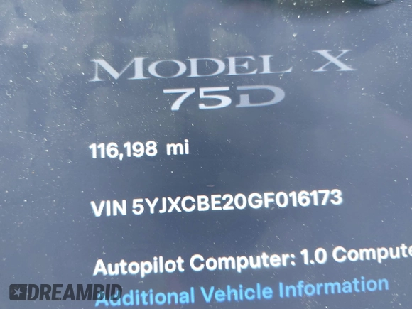 2016 Tesla Model X 70D with VIN 5YJXCBE20GF016173, listed as a IAAI auction lot 41809725 with 116,198 mi miles. Bid and sale history available at carsss.com. Image 15.
