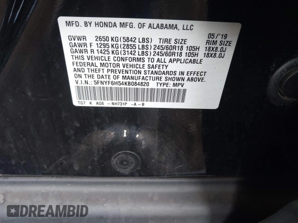 2019 Honda Pilot EX-L с VIN 5FNYF6H54KB084820, выставлен на аукционе IAAI как лот 42396005 с пробегом Не указан миль и . История ставок и продаж доступна на DreamBid. Изображение 9.