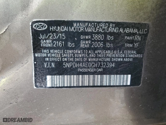 2016 Hyundai Elantra GL with VIN 5NPDH4AE0GH732394, listed as a Copart auction lot 87811215 with 79,994 mi miles and Salvage Title. Bid and sale history available at carsss.com. Image 12.