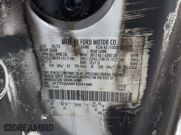 2015 Ford F-250 XLT with VIN 1FT7X2A68FED57446, listed as a IAAI auction lot 41718217 with Not provided miles and . Bid and sale history available at DreamBid. Image 9.