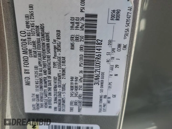 2015 Lincoln MKZ Hybrid with VIN 3LN6L2LUXFR614182, listed as a Copart auction lot 60761275 with Not provided miles and Salvage title. Bid and sale history available at DreamBid. Image 12.