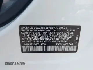 2021 Volkswagen Passat SE z VIN 1VWSA7A32MC014376, wystawiony jako IAAI lot #42314372 z przebiegiem 81 209 mil mil oraz . Historia ofert i sprzedaży dostępna na DreamBid. Obrazek 9.