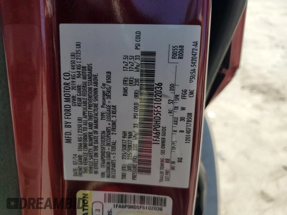 2015 Ford Fusion SE with VIN 1FA6P0HD5F5102036, listed as a Copart auction lot 47608965 with 75,014 mi miles and Salvage Title. Bid and sale history available at DreamBid. Image 14.