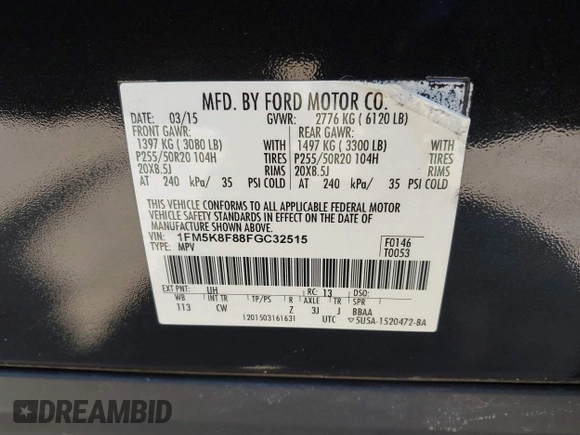 2015 Ford Explorer Limited with VIN 1FM5K8F88FGC32515, listed as a IAAI auction lot 41779476 with 83,601 mi miles and . Bid and sale history available at DreamBid. Image 9.