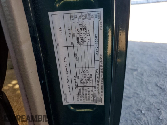 1995 Chevrolet Chevy Van z VIN 1GBEG25K3SF249372, wystawiony jako Copart lot #72284224 z przebiegiem 72 331 mil mil oraz Tytuł czysty. Historia ofert i sprzedaży dostępna na DreamBid. Obrazek 13.