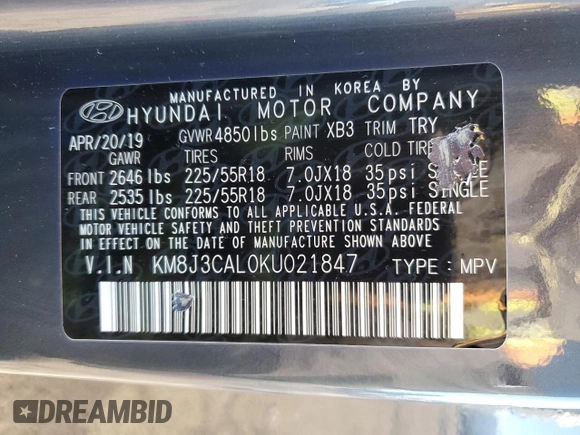 2019 Hyundai Tucson Ultimate with VIN KM8J3CAL0KU021847, listed as a Copart auction lot 42259255 with 70,524 mi miles and Salvage Title. Bid and sale history available at carsss.com. Image 13.