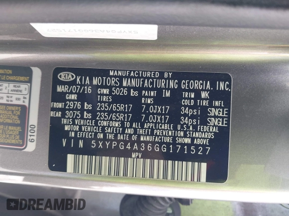2016 Kia Sorento LX with VIN 5XYPG4A36GG171527, listed as a IAAI auction lot 41872641 with 95,012 mi miles and . Bid and sale history available at DreamBid. Image 9.
