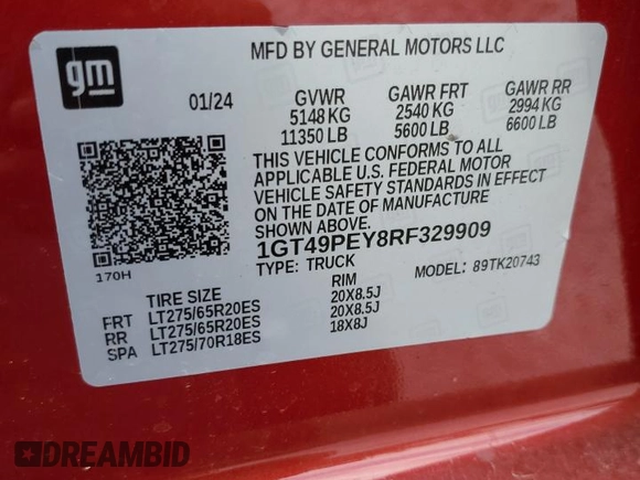 2024 GMC Sierra 2500HD AT4 z VIN 1GT49PEY8RF329909, wystawiony jako Copart lot #53800615 z przebiegiem 12 863 mil mil oraz Szkoda całkowita • Salvage title. Historia ofert i sprzedaży dostępna na DreamBid. Obrazek 12.