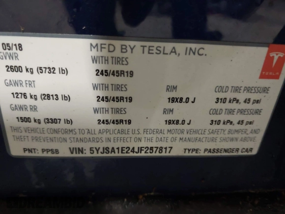 2018 Tesla Model S 75D with VIN 5YJSA1E24JF257817, listed as a IAAI auction lot 41960439 with 61,971 mi miles and . Bid and sale history available at DreamBid. Image 9.