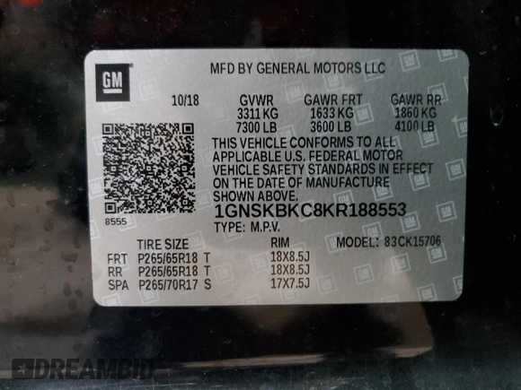 2019 Chevrolet Tahoe LT z VIN 1GNSKBKC8KR188553, wystawiony jako Copart lot #49962655 z przebiegiem 55 576 mil mil oraz Szkoda całkowita • Salvage title. Historia ofert i sprzedaży dostępna na DreamBid. Obrazek 16.