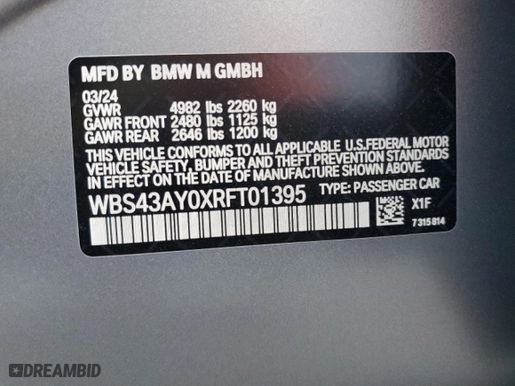 2024 BMW M3 Competition xDrive with VIN WBS43AY0XRFT01395, listed as a Copart auction lot 82535164 with 241 mi miles and Salvage Title. Bid and sale history available at carsss.com. Image 12.