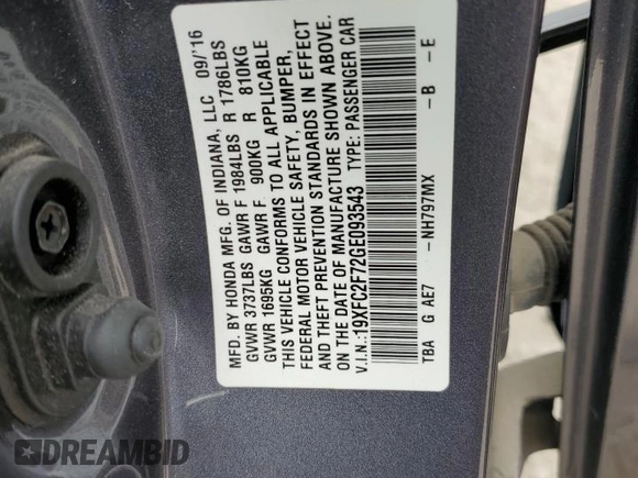 2016 Honda Civic EX with VIN 19XFC2F72GE093543, listed as a Copart auction lot 50415855 with 91,541 mi miles and Salvage Title. Bid and sale history available at DreamBid. Image 15.
