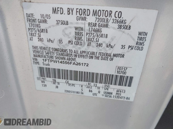 2006 Ford F-150 XLT z VIN 1FTPW14556FA26172, wystawiony jako IAAI lot #42462628 z przebiegiem 281 844 mil mil oraz . Historia ofert i sprzedaży dostępna na DreamBid. Obrazek 9.