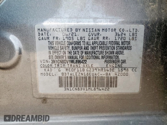 2021 Nissan Versa S with VIN 3N1CN8DV1ML896422, listed as a Copart auction lot 57715575 with 68,883 mi miles and Salvage title. Bid and sale history available at DreamBid. Image 13.